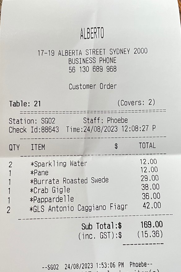 The bill from Alberto’s Lounge.