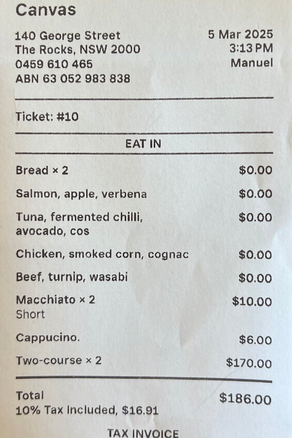 The reciept for our lunch with meal at Canva with Sir Simon.