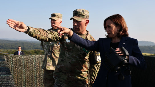 US Vice President Kamala Harris looks towards the north side of the border between North Korea and South at the Demilitarised Zone.