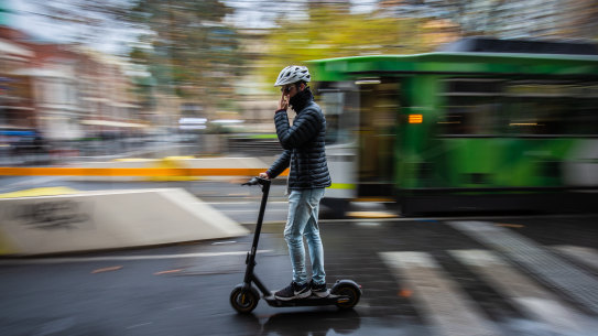 A rider of an e-scooter in Melbourne’s CBD.