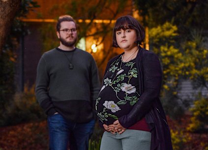 Elena Bruno-Scott with her husband Gideon Scott. She is trying to organise an early release from hospital so she can recover at home with her partner