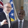 Jeremiah Manele and Anthony Albanese during a joint press conference at Parliament House on June 26, 2024. 