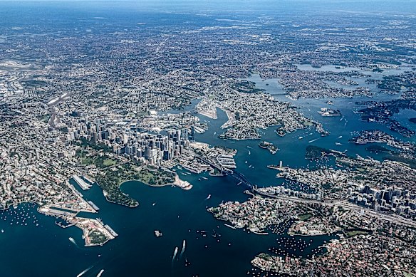 The Sydney Central Business District, Sydney Harbour and Eastern Suburbs and surrounds are seen on 18 February 2025, in Sydney, Australia from a commercial airliner. Picture - Sam Mooy / The Sydney Morning Herald