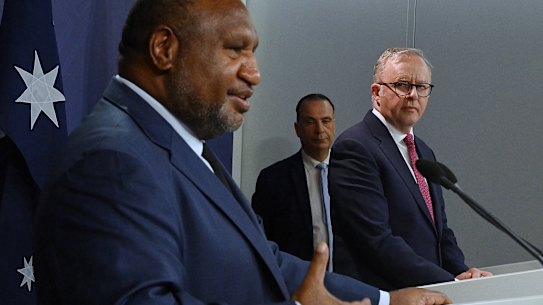 PNG Prime Minister James Marape with Australian counterpart Anthony Albanese and ARLC chair Peter V’Landys at the announcement of a new PNG NRL team on Thursday.