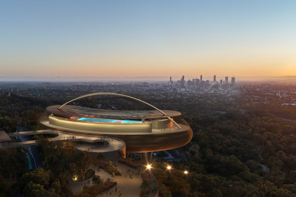 Render of the proposed Brisbane 2032 Olympic and Paralympic Aquatic Centre at Mount Coot-tha, designed by Richard Groves and Bates Smart architects. 