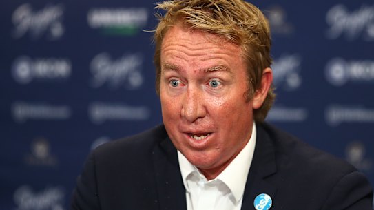 Roosters coach Trent Robinson at his post match press conference which cost him $40,000 in fines.