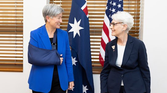 Penny Wong and United States Deputy Secretary of State Wendy Sherman during a meeting, at Parliament House in Canberra on Monday.