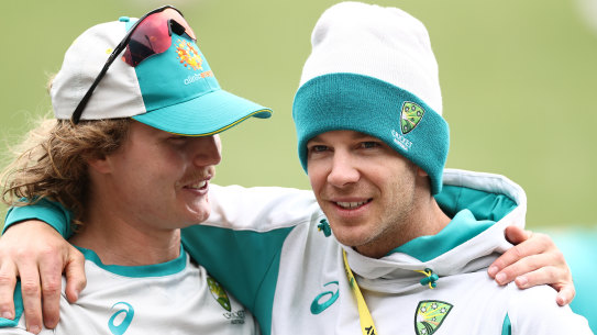 Tim Paine and Will Pucovski at training in Sydney earlier this year.