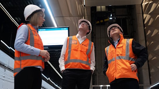 Premier Chris Minns and Transport minister Jo Haylen toured a new train from Sydenham to the new Metro station at Central.
Photo Nick Moir 1 Aug 2023