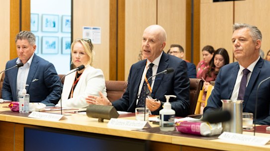 From left: Nine CEO Mike Sneesby; Beverley McGarvey, Paramount Executive Vice President; Greg Hywood, Free TV Australia chair; and former Seven West Media CEO James Warburton during a hearing in Canberra in February.