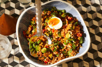 Crispy rice salad with sambal peanut sauce.