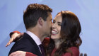 Jacinda Ardern is congratulated by her partner Clarke Gayford following her victory speech.