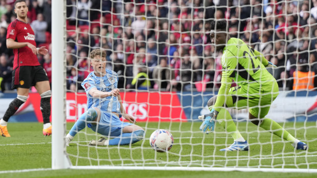 Coventry City’s Victor Torp Overgaard scores what appeared to be a remarkable winner in the final minute of extra time, only to see the goal ruled out by VAR.