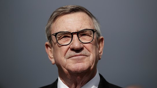 Huawei Australia chair John Lord during a sponsorship announcement between the Canberra Raiders and Huawei, on the front lawn of Parliament House in Canberra on Thursday 13 June 2019. fedpol Photo: Alex Ellinghausen