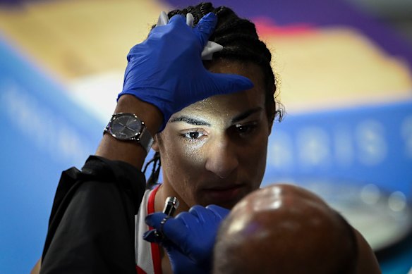  Imane Khelif  undertakes a medical assessment before the women’s 66kg preliminaries against Angela Carini at the North Paris stadium.