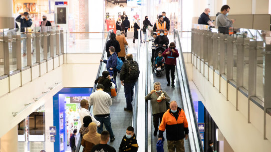 Shoppers wearing masks at Sydney’s Liverpool Westfield shopping centre earlier this week. 