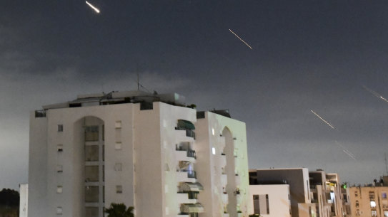 The Israeli Iron Dome air defence system launches to intercept missiles fired from Iran.