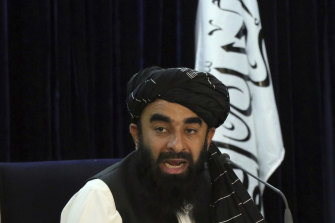 Taliban spokesman Zabihullah Mujahid at a press conference in 2021.