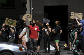 A protest was staged on Monday outside Kingsgate Hotel in King Street, Melbourne, after around 40 homeless people were told they would have to leave the temporary accommodation.
