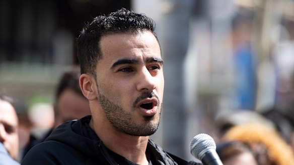 Footballer and refugee Hakeem al-Araibi speaks during a rally at the Victorian State Library in Melbourne.