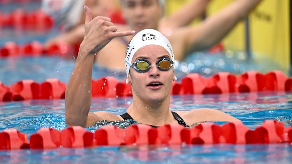 Kaylee McKeown after recording the second fastest time ever in the 100m backstroke. 
