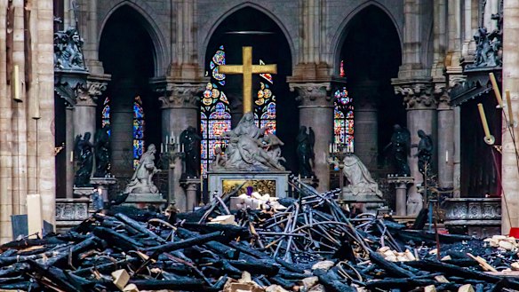 Debris inside Notre-Dame Cathedral as investigators begin a probe into the cause of the fire.