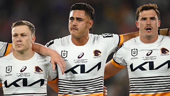 Billy Walters, Keenan Palasia and Kobe Hetherington line up for the 2023 grand final for the Brisbane Broncos.
