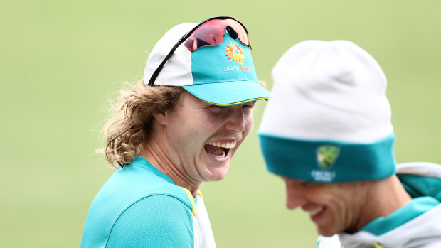 Will Pucovski shares a laugh with captain Tim Paine at training on Wednesday.