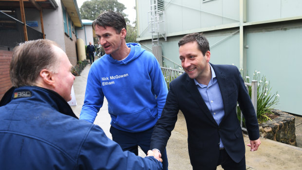 New state Liberal chief of staff Nick McGowan (left), seen here with Opposition Leader Matthew Guy in 2018.