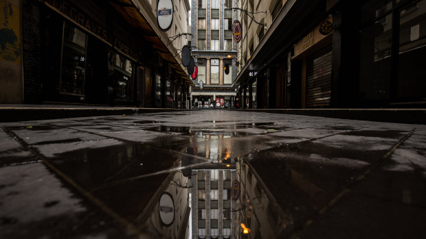 Popular cafe precincts like Degraves Street in Melbourne have been deserted during the coronavirus pandemic.