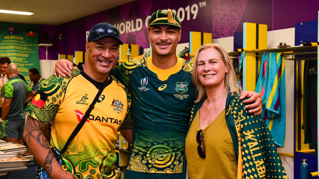 Jordan Petaia and his parents after Australia's 45-10 win over Uruguay. 