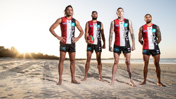 Ben Long, Paddy Ryder, Matthew Parker and Bradley Hill with St Kilda's Indigenous round jumper.