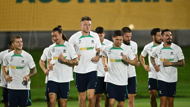 Graham Arnold’s Socceroos squad train in Qatar ahead of their World Cup opener against France.