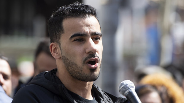 Footballer and refugee Hakeem al-Araibi speaks during a rally at the Victorian State Library in Melbourne.