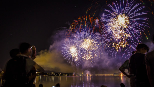 Large purple fireworks grace the Canberra sky at the 2018 Skyfire.