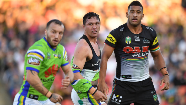 Jordan Rapana has the shirt ripped off his back in a wild affair at Penrith.