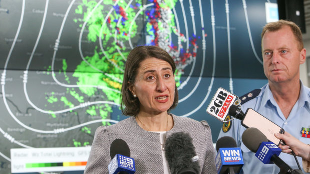 NSW Premier Gladys Berejiklian with State Emergency Service Commissioner Mark Smethurst at the SES headquarters in Wollongong.