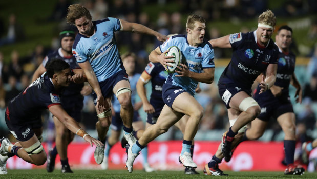 Joey Walton bags a try for the Waratahs in their win over the Rebels on Saturday night.