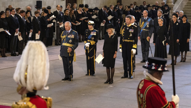 Britain's King Charles III, Princess Anne, Camilla, the Queen Consort, Tim Laurence, Prince Edward, and Prince William