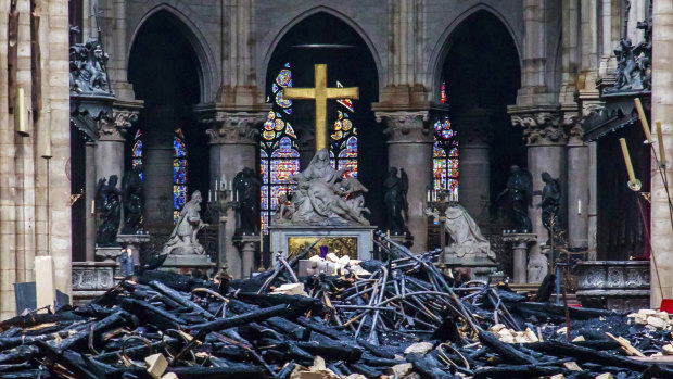 Debris inside Notre-Dame Cathedral as investigators begin a probe into the cause of the fire.