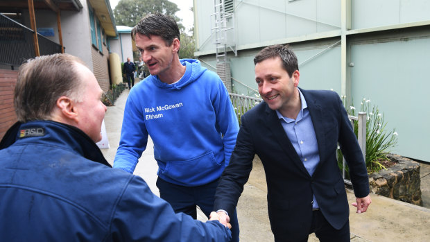 New state Liberal chief of staff Nick McGowan (left), seen here with Opposition Leader Matthew Guy in 2018.