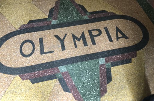 Now boarded up: a decorative feature on the floor of the old Olympia Milk Bar in Stanmore.