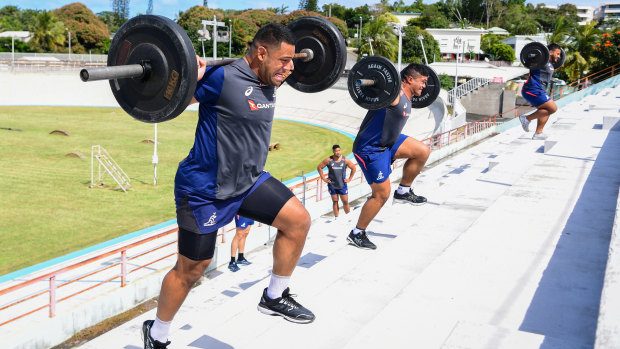 Hard yakka: The Wallabies are put through the ringer at their training camp in New Caledonia.