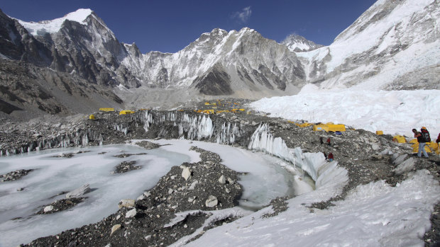 Tents are seen set up at Everest Base Camp in Nepal.