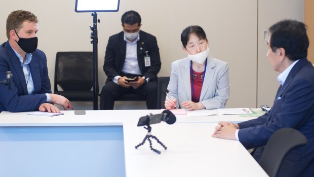 Yukio Edano, Japan’s opposition leader, right, during an interview in Tokyo this week.