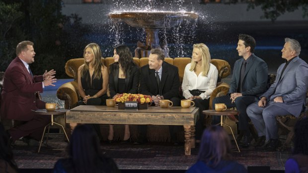 Friends, the reunion: James Corden with Jennifer Aniston, Courteney Cox, Matthew Perry, Lisa Kudrow, David Schwimmer and Matt LeBlanc. 