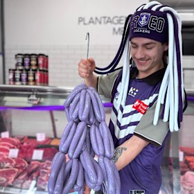 Plantagenet Meats purple chicken sausages.