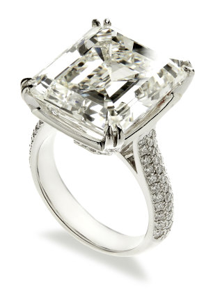 The 17.34 carat emerald-cut diamond ring set in platinum which sold for $575,000.
