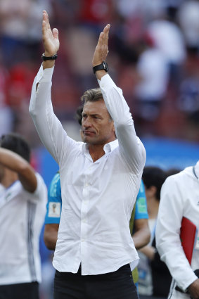 Morocco coach Herve Renard acknowledges the fans after the narrow loss to Portugal.