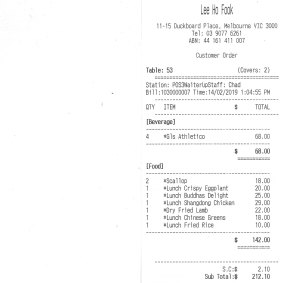Receipt for lunch at Lee Ho Fook.